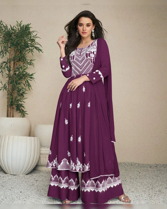 Purple Heavy Reyon Kurta Set with Plazo and Nazmin Dupatta
