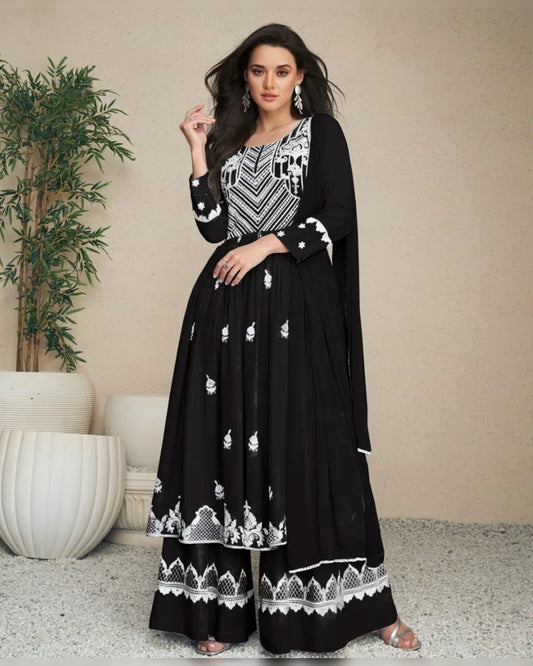 Black Heavy Reyon Kurta Set with Plazo and Nazmin Dupatta