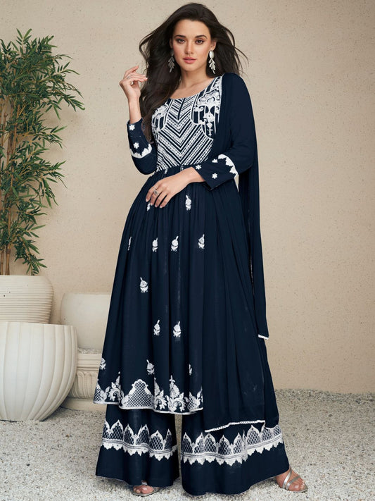 Navy blue Heavy Embroidery Lace Work Rayon Suit Set