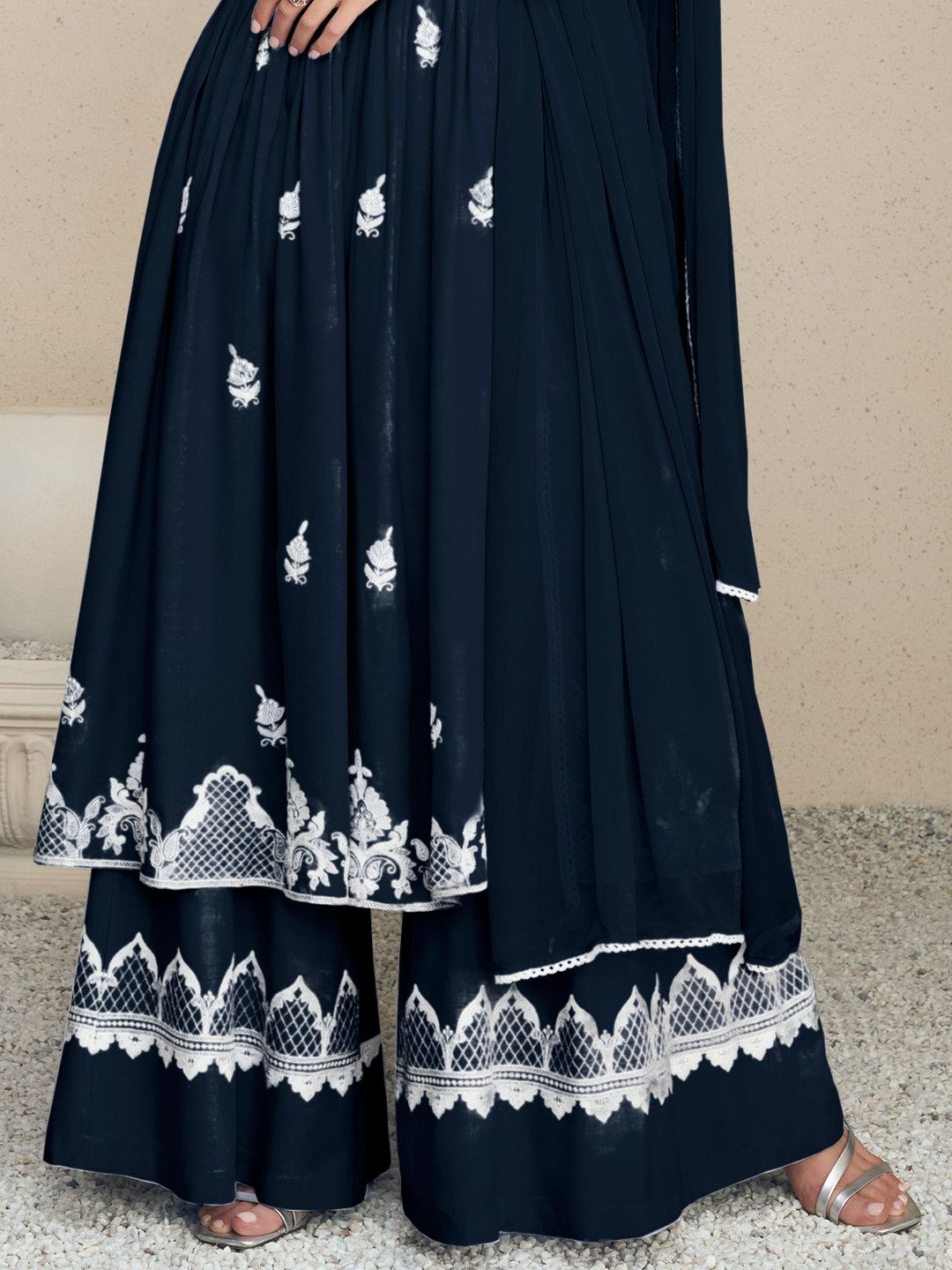Navy blue Heavy Embroidery Lace Work Rayon Suit Set
